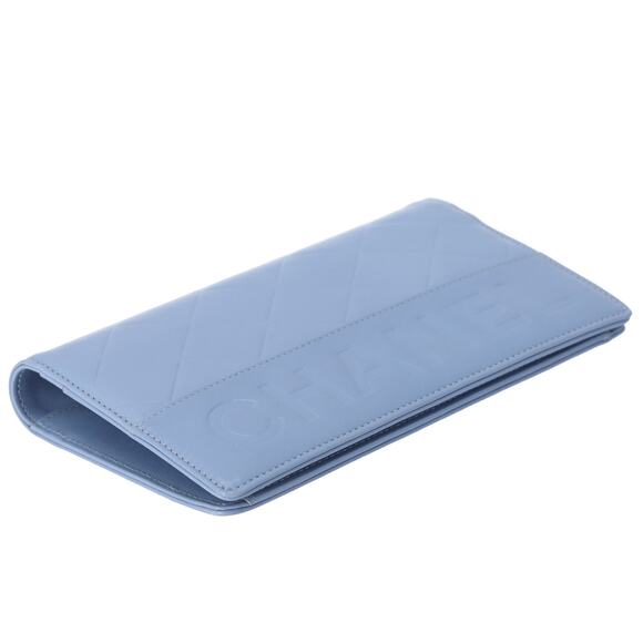 CHANEL Long Bifold Wallet Light Blue Leather Logo - Picture 3 of 8